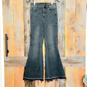 Flying Monkey Ultra High Rise Super Flare Jeans Black Frayed Hem Size 27